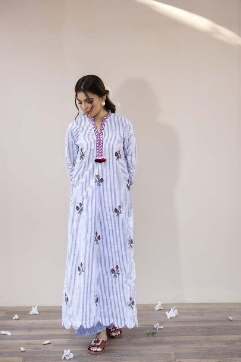 La Rosaa Spring LSS-24-07 Blue Stripes Spring Summer Embroidered Lawn Stitched Collection 2024