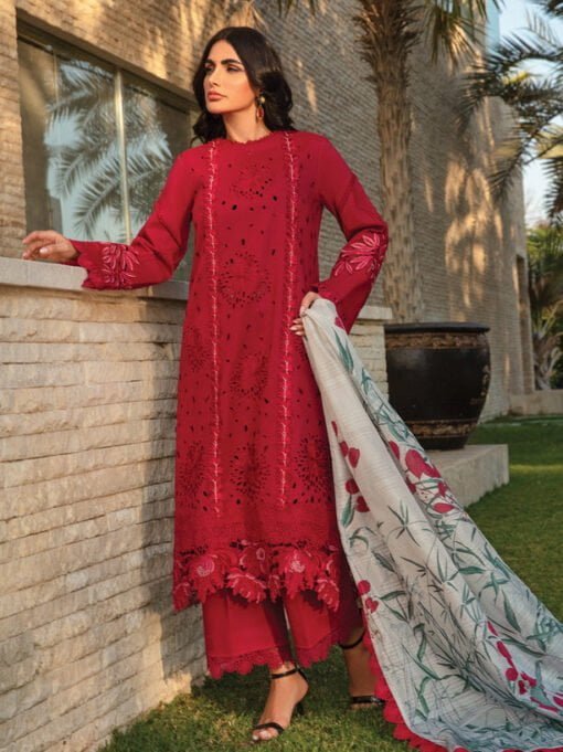 rang rasiya D-12 Scarlet Carnation Embroidered Lawn 3Pc Suit Collection 2024