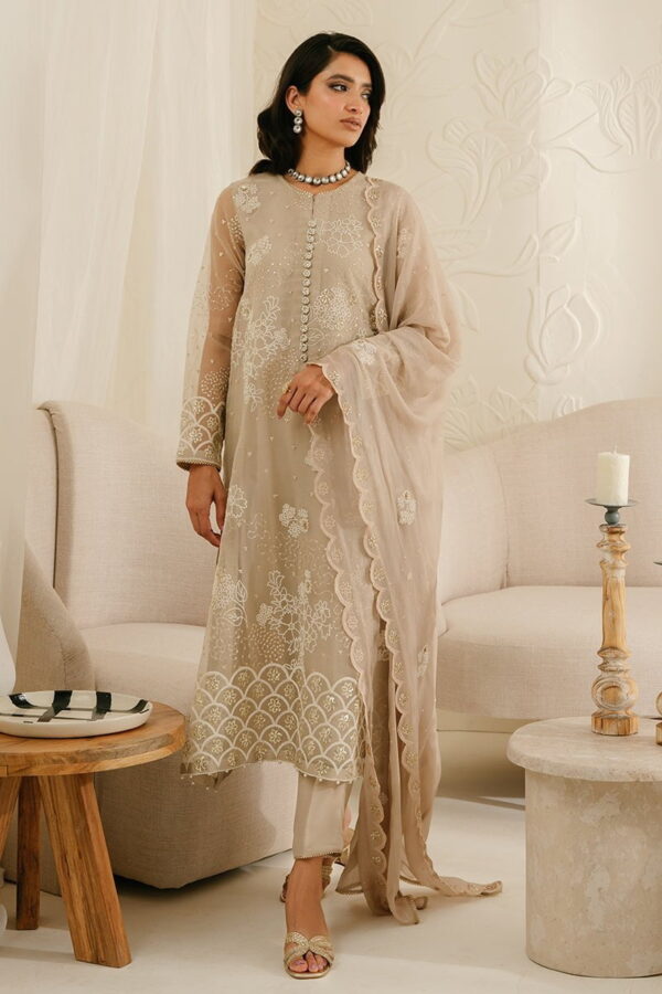 Cross Stitch Ash Gray 4Pc Organza Embroidered Suit