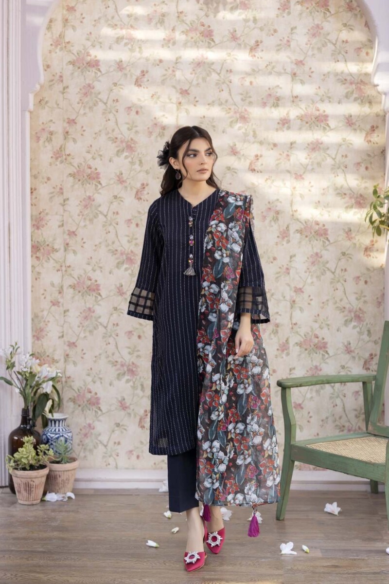 La Rosaa Spring Lss-24-10 Dark Blue Stripes Spring Summer Embroidered Lawn Stitched Collection 2024