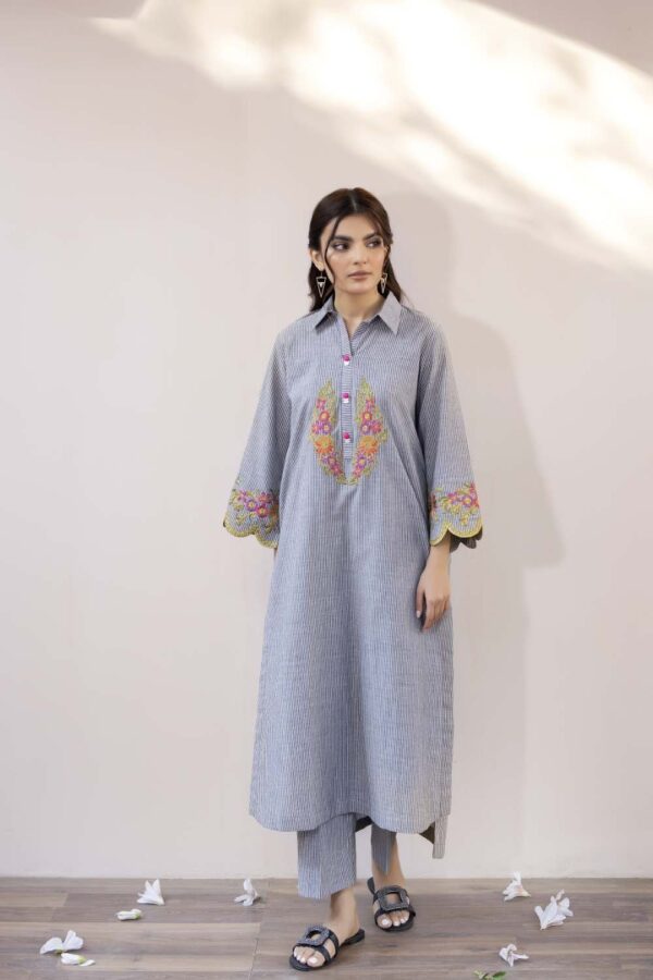 La Rosaa Spring Lss-24-08 Grey Stripes Spring Summer Embroidered Lawn Stitched Collection 2024
