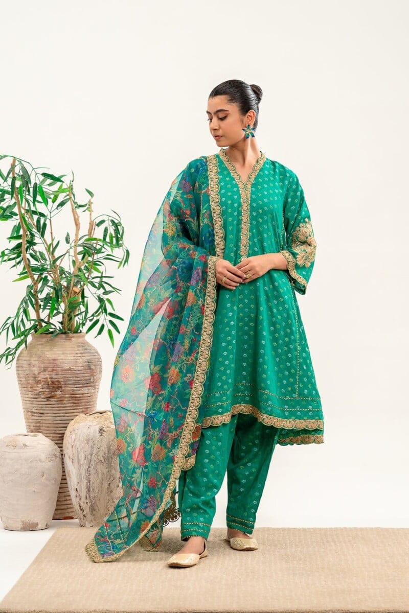 Charizma 3 Pc Embroidered Brosha Jacquard Shirt With Organza Dupatta And Trouser Cnp 3 91