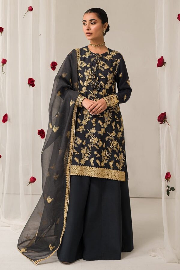Cross Stitch Charcoal Tint 3 Piece Embroidered Silk Suit