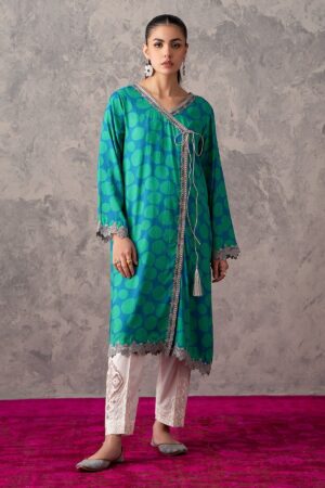 Charizma 2 Pc Raw Silk Printed Shirt With Trouser Cnp 3 242 Sea Green