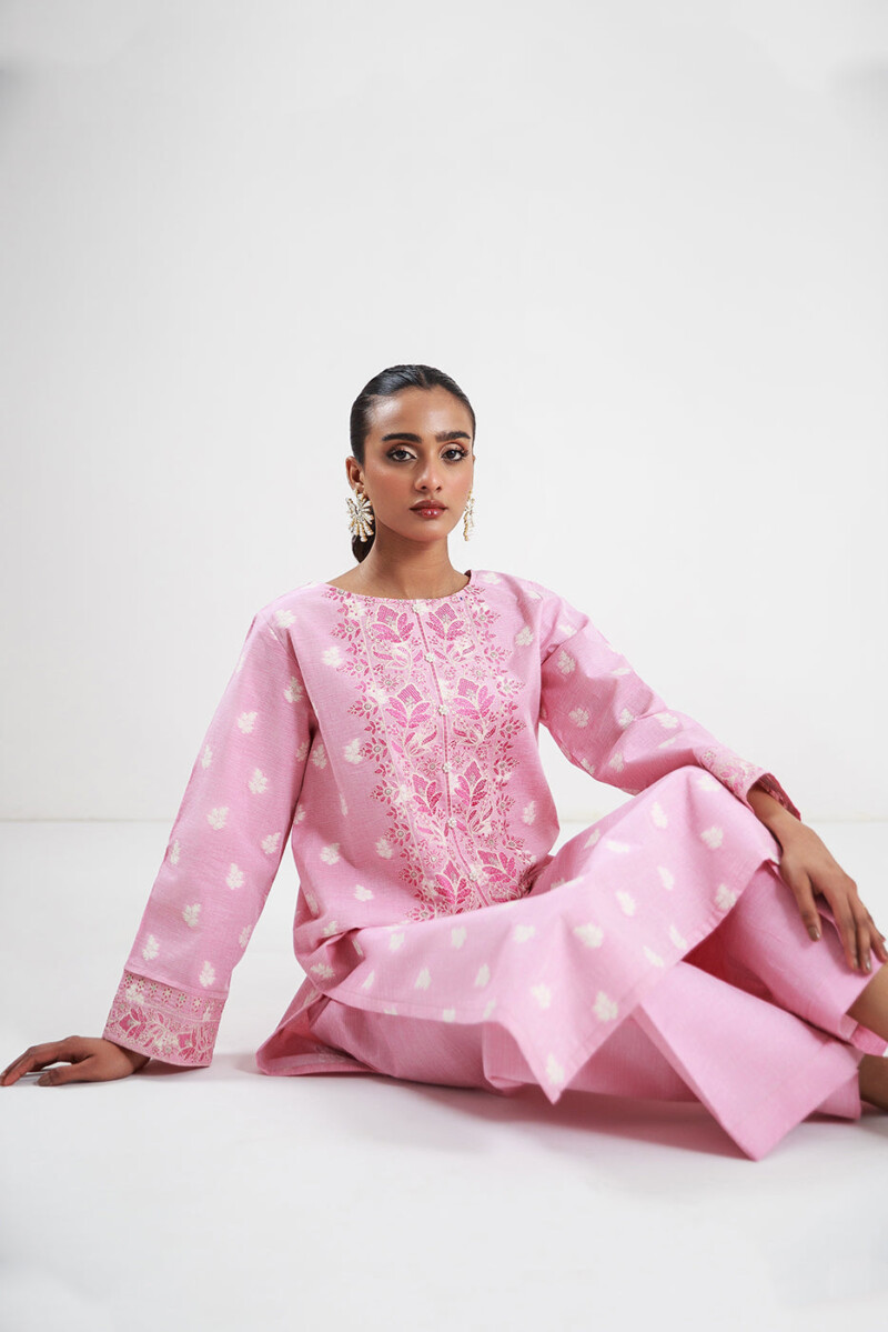 Beechtree 2 Piece Embroidered Two Tone Jacquard Suit Rosy Pink Unstitched Summer