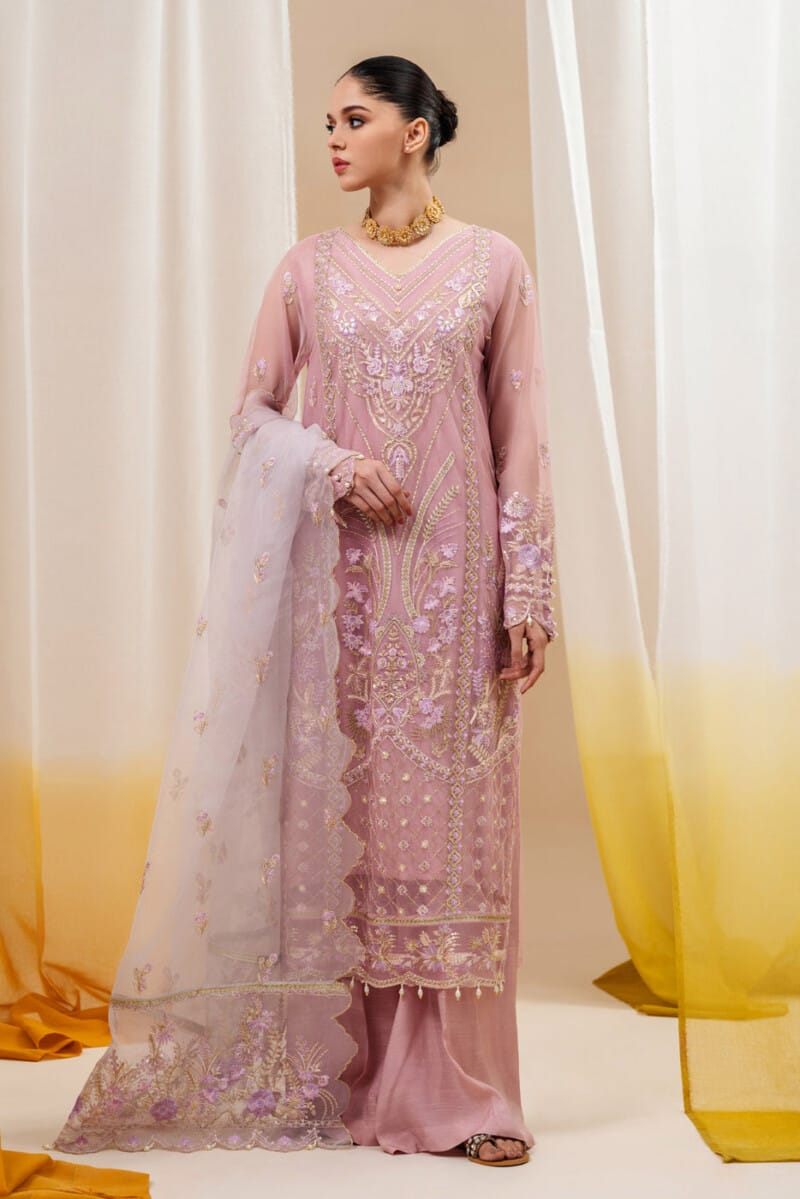 Beechtree 4 Piece Embroidered Organza Net Suit Pink Aura Unstitched Summer