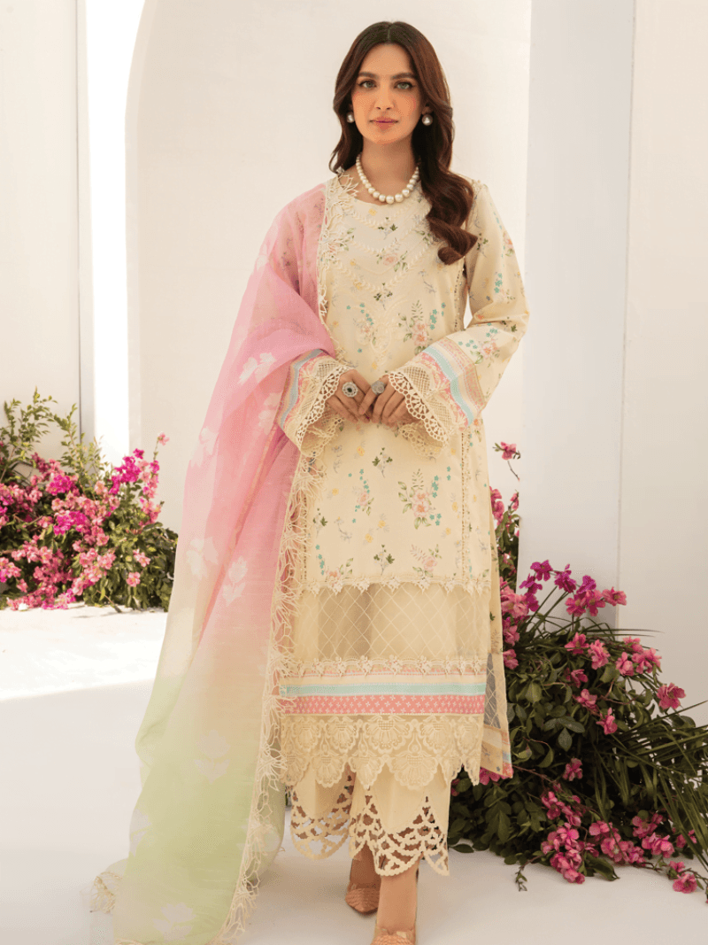 Rang Rasiya D-01 Ivory Florence Embroidered Lawn 3Pc Suit Collection 2024