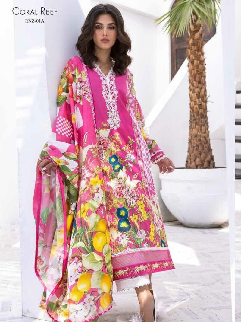 Roheenaz Leya Rnz-01A Coral Reef Printed Lawn 3Pc Suit Collection 2024