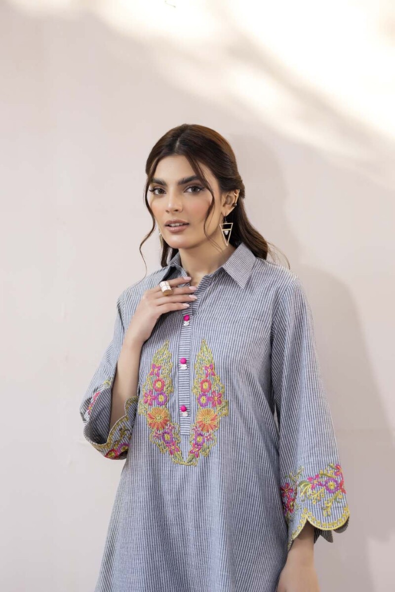 La Rosaa Spring Lss-24-08 Grey Stripes Spring Summer Embroidered Lawn Stitched Collection 2024