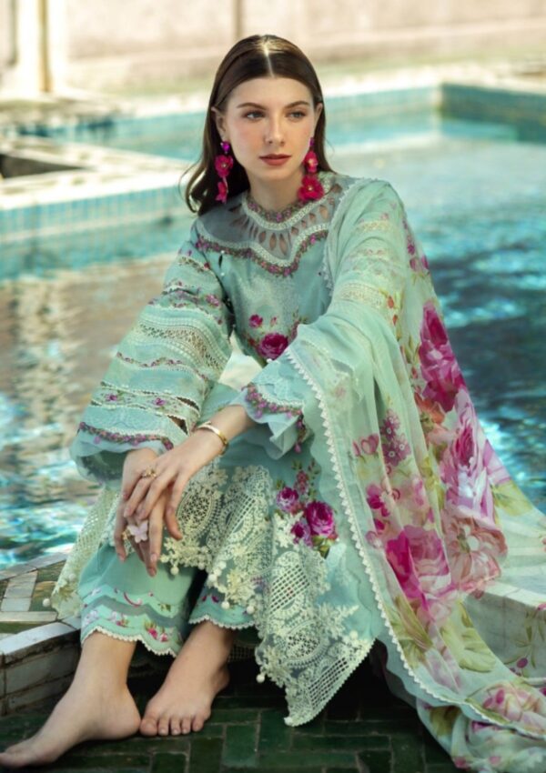 Elaf Premium Signature Embroidered Ets 3a Turquoise Lawn Collection